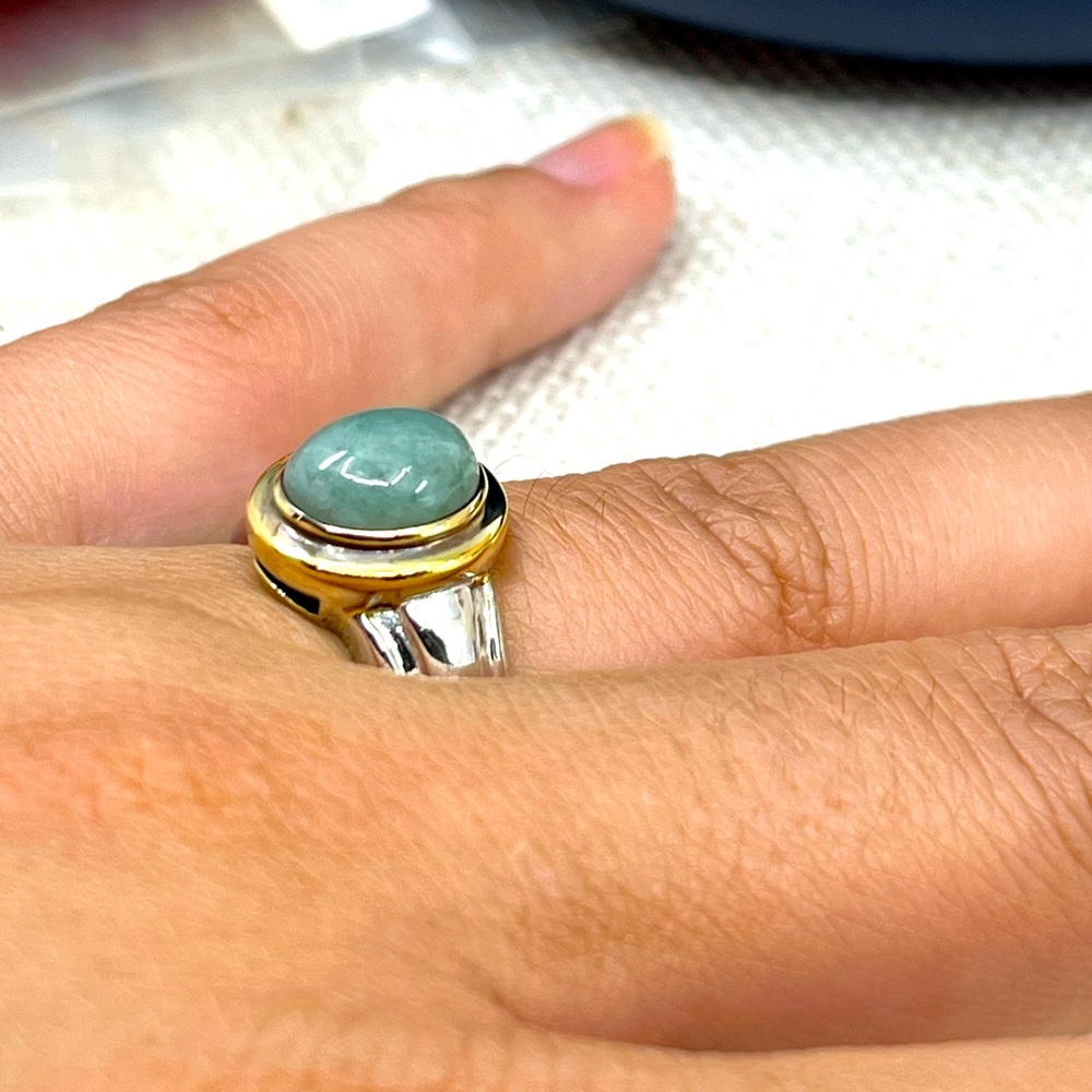 Vintage Sterling Silver & Gold Overlay Ring with Green Cabochon | Size 7